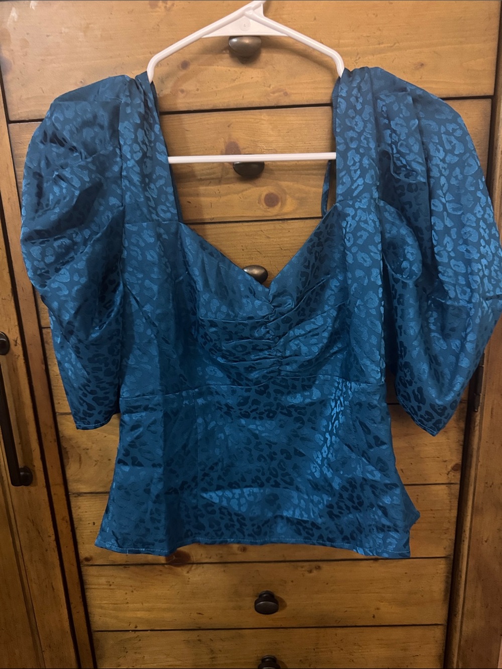 Adelyn Rae Teal Puff-Sleeve Satin Blouse
